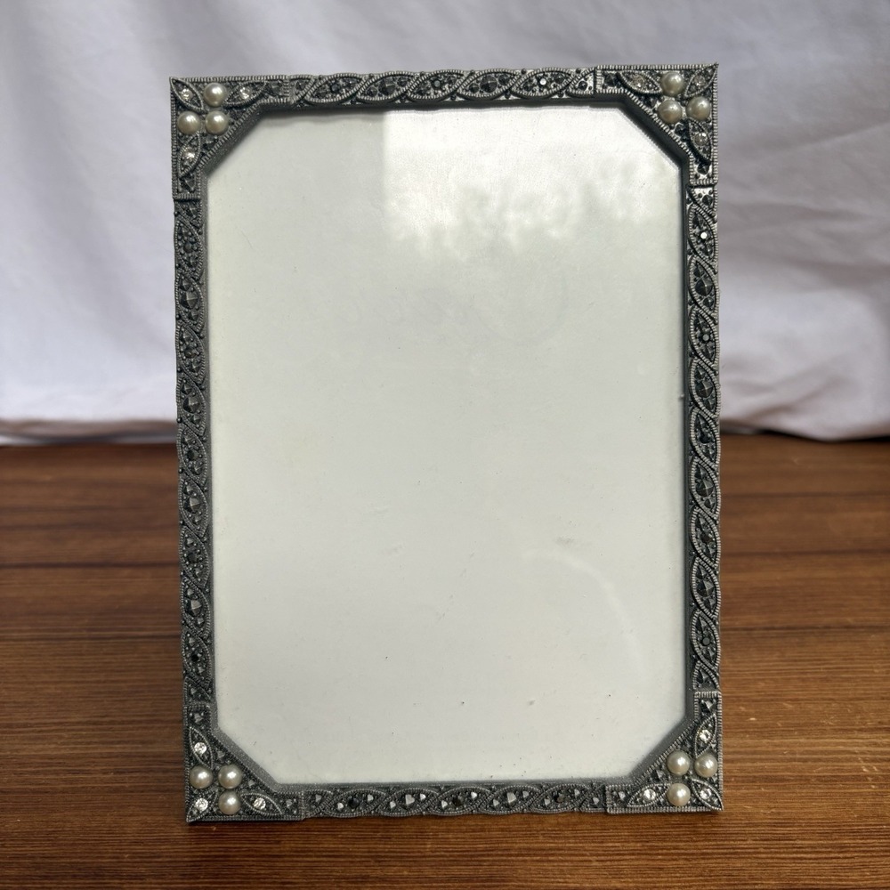 Carr Silver Tone Marcasite & Faux Pearl Picture Frame 4x6 Photo Frame
